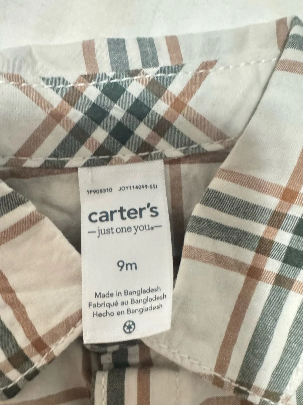 Carter's Cream Plaid Button-Down Shirt with Brown & Green Stripes